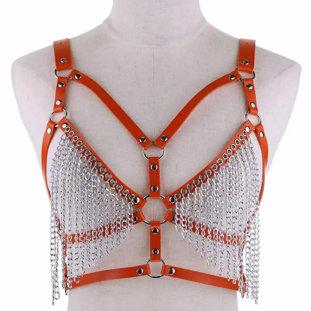 Leather Chain Harness Body Chain Bra Goth Punk Sexy Chain Top Women Body Jewelry Summer Festival Fashion Rave Outfit