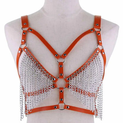 Leather Chain Harness Body Chain Bra Goth Punk Sexy Chain Top Women Body Jewelry Summer Festival Fashion Rave Outfit