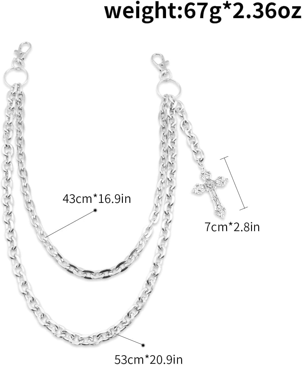 Silver layered punk wallet chain with heart cross, rivet tassel, and hip hop style jewelry for men and women.