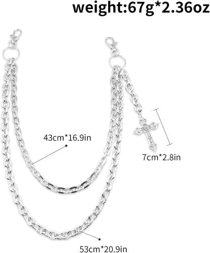 Silver layered punk wallet chain with heart cross, rivet tassel, and hip hop style jewelry for men and women.