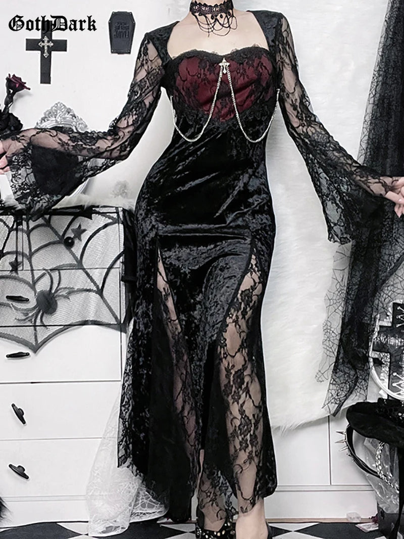 Velvet midi dress with lace splice, elegant gothic style, perfect for e-girl evening fashion, showcasing the chic design and fabric details.
