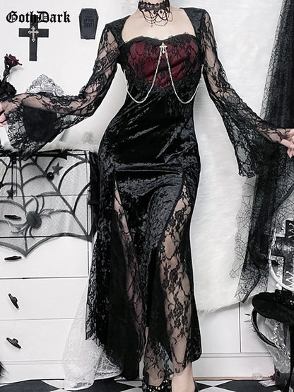 Velvet midi dress with lace splice, elegant gothic style, perfect for e-girl evening fashion, showcasing the chic design and fabric details.