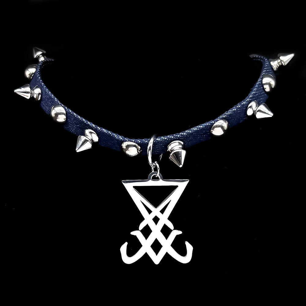 Gothic punk stainless steel choker necklace with satanic sigil and leather chain, featuring a dark, edgy design.