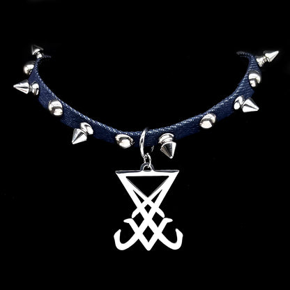 Gothic punk stainless steel choker necklace with satanic sigil and leather chain, featuring a dark, edgy design.