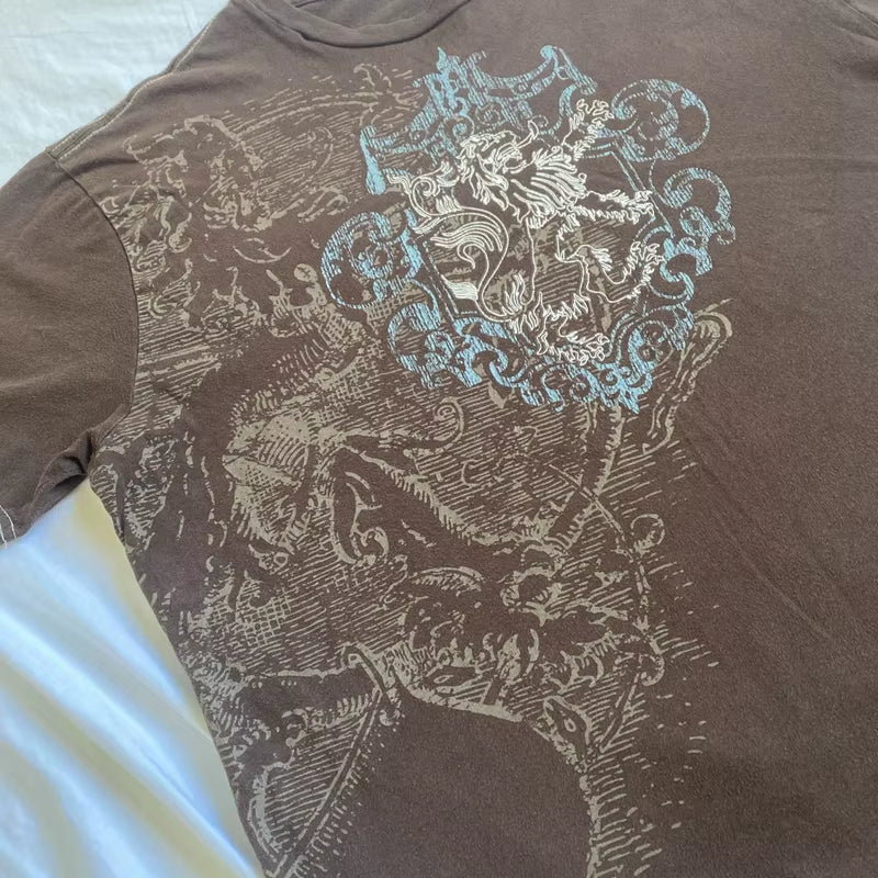 Vintage brown Mall Goth Cyber Grunge Y2K graphic tee by PressureDen.store, short sleeve emo retro T-shirt for men and women.