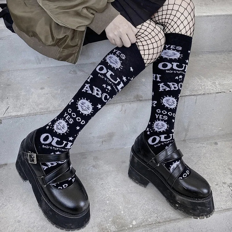 Gothic punk knee socks with star and moon design featuring retro Y2K Ouija board pattern for women and girls.