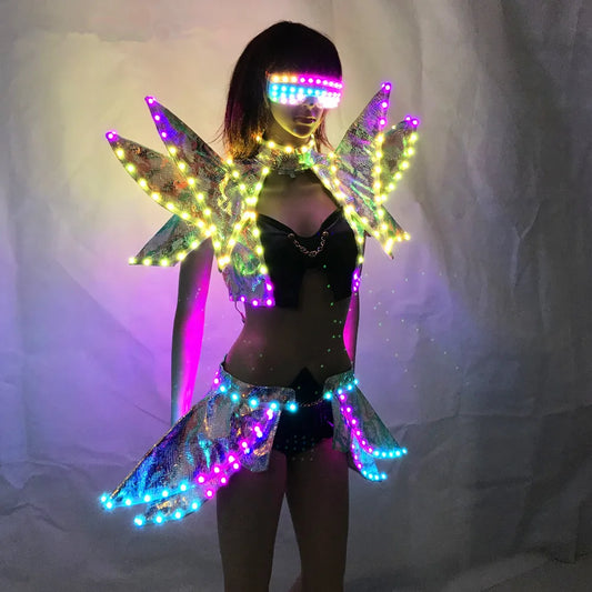 Glowing Fashion LED Bra and Shorts Set - Stylish Women's Dance Outfit with Alice Shoulder Armor