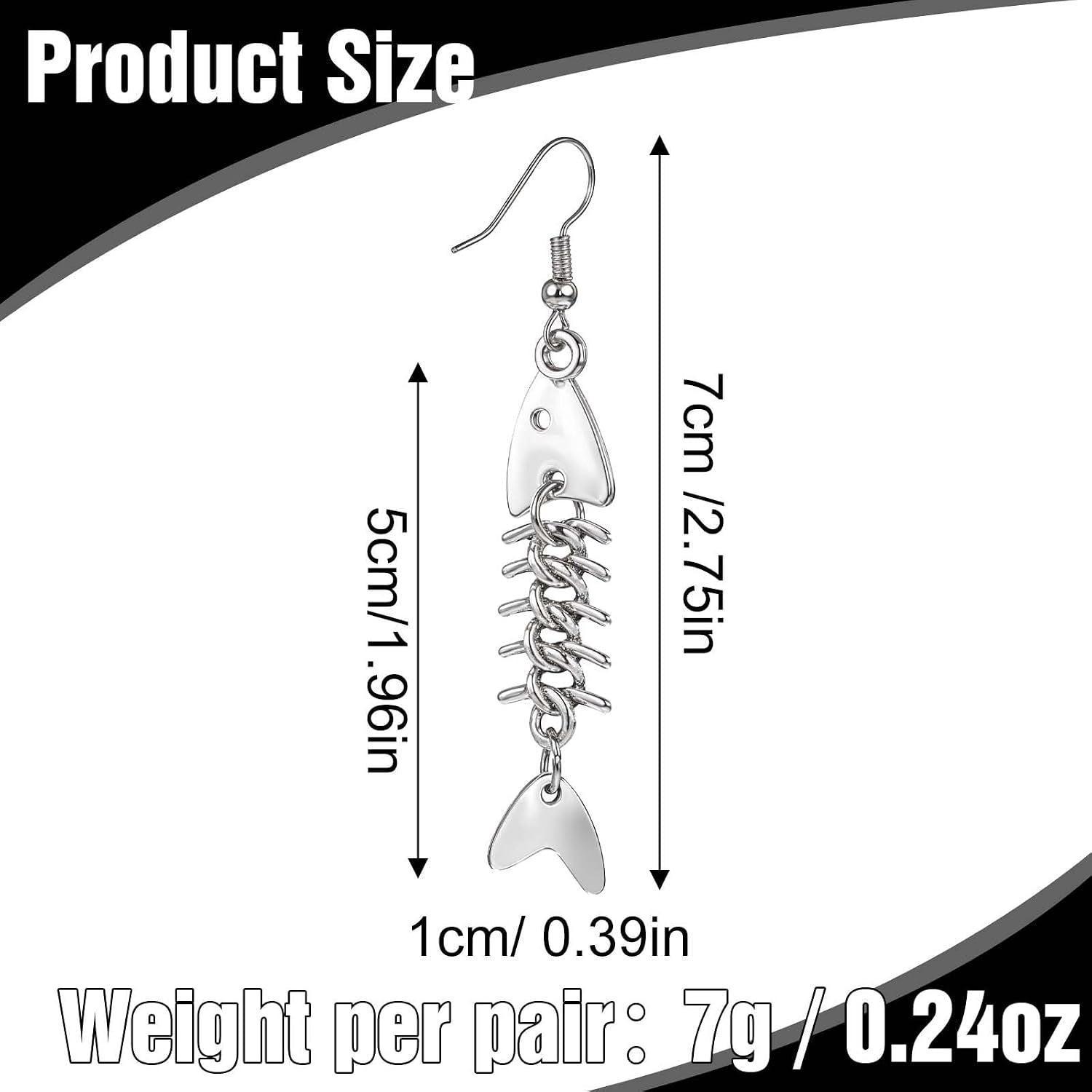 Pair of Yuanchu long fish bone dangle earrings with zinc alloy punk goth design for women, showcasing intricate bone detailing.
