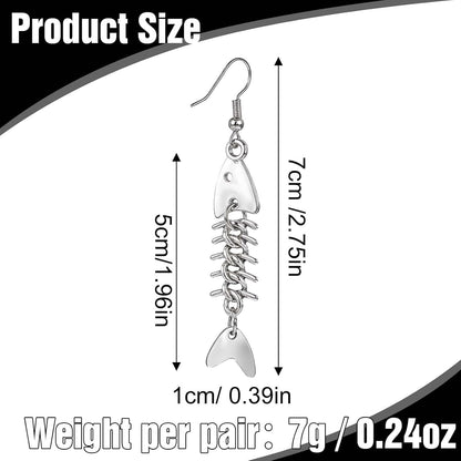 Pair of Yuanchu long fish bone dangle earrings with zinc alloy punk goth design for women, showcasing intricate bone detailing.