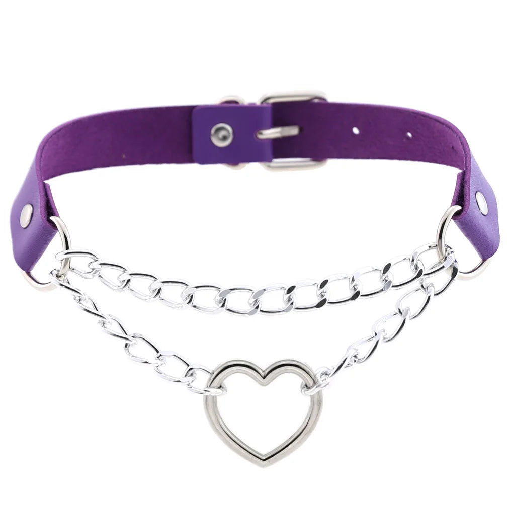 Black leather Gothic heart choker necklace with chain detail, perfect for punk and emo styles, by PressureDen.store.