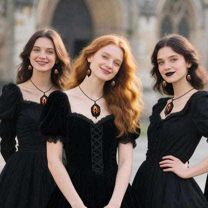 Mystic Witch Gothic Bat Glass Pendant Necklace, Victoria Cameo Black Stainless Steel Rope Chain Witchy Jewelry Choker with Earrings for Women for Halloween