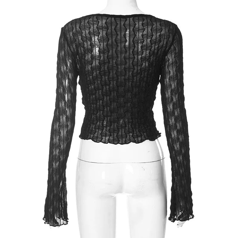 Gothic lace-up long sleeve blouse for women with transparent fabric, blending Y2K grunge and fairycore fashion styles.