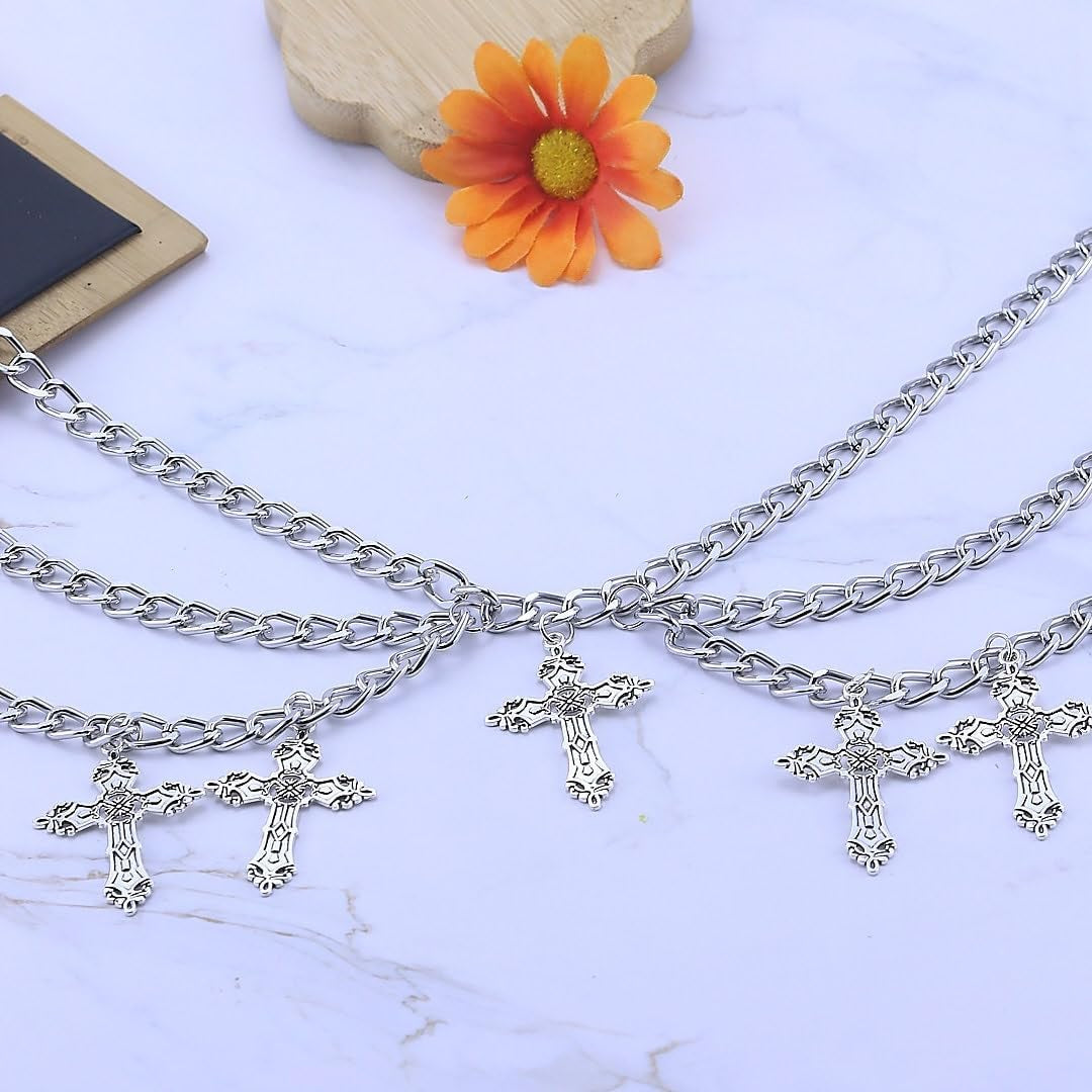 ANGLEQUEEN edgy gothic cross waist chain for women, trendy punk hip hop belly jewelry, perfect for grunge and Halloween styles.