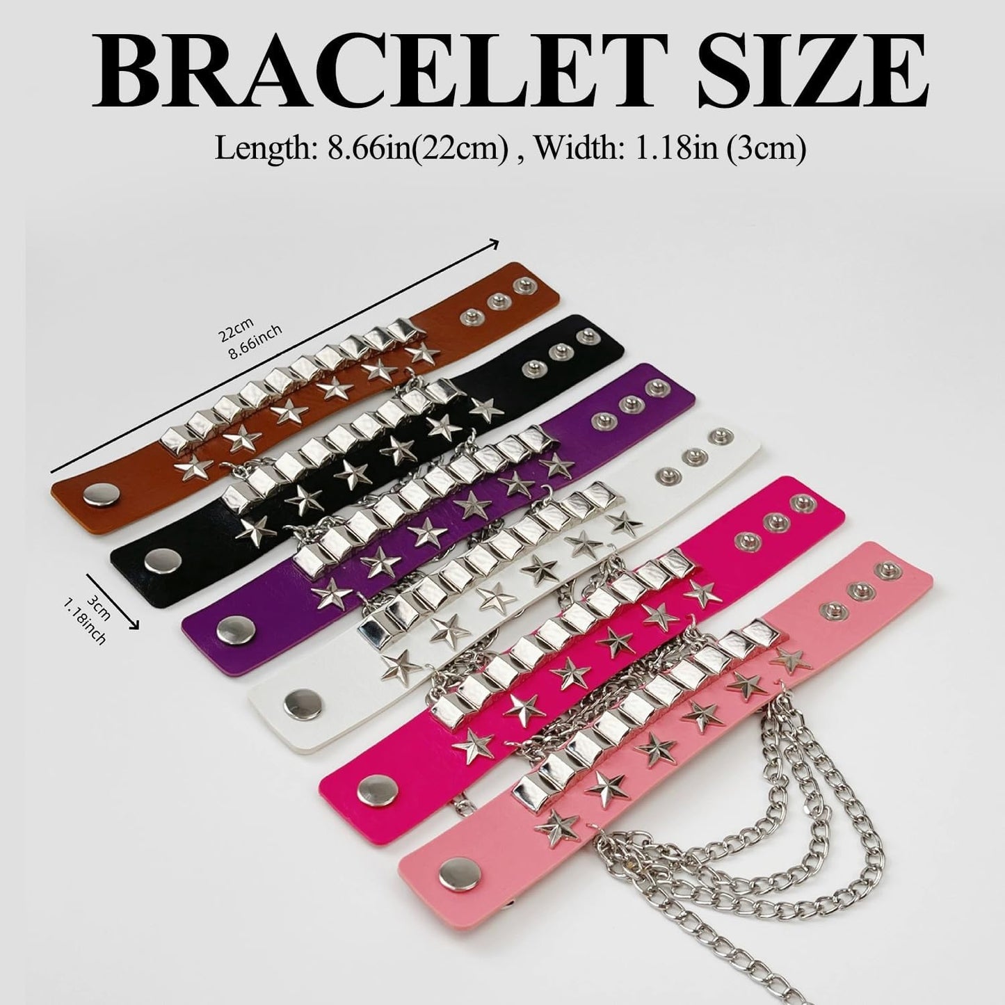 Unisex punk studded bracelet by Aukemuna with layered chains, star accents, adjustable goth-inspired Y2K leather bangle.