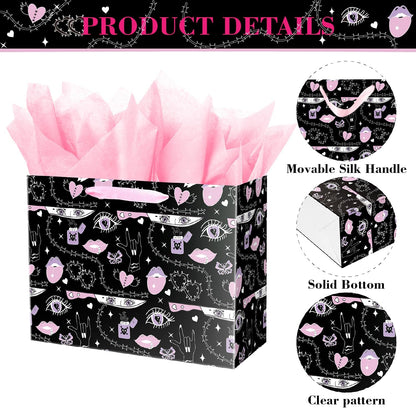 Goth Pink Gift Bag with Tissue Paper for Women Girl 12.6" Birthday Anniversary