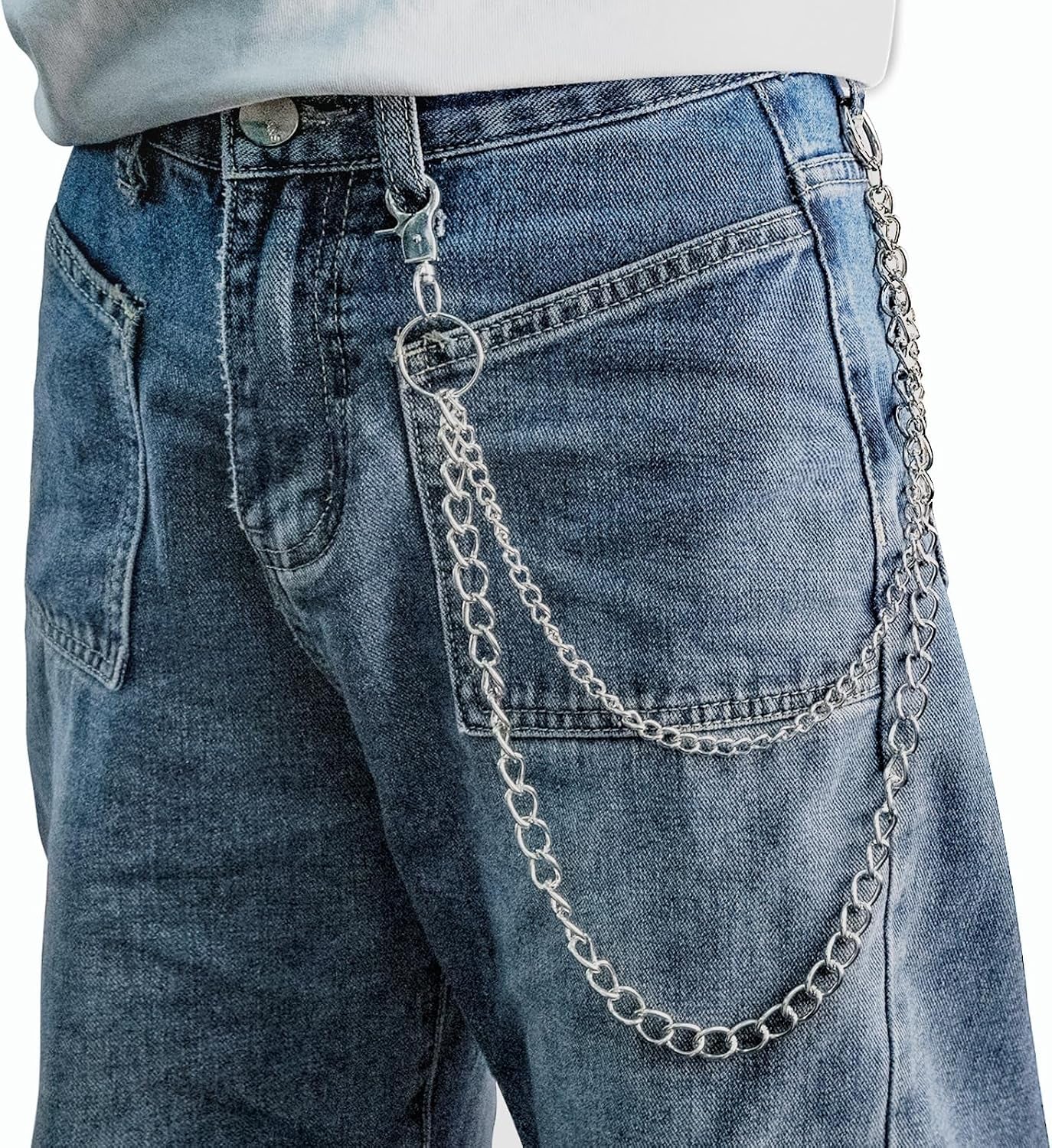 Silver pants chain for men and women with lobster claw clasp, stylish hip hop wallet chain by WXCATIM.