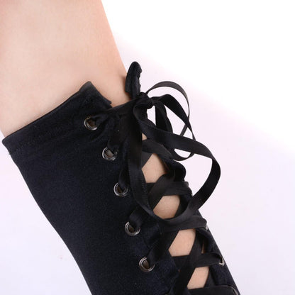 JISEN women's steampunk fingerless lace-up elbow gloves, stylish arm warmers with lace details for costume and fashion.
