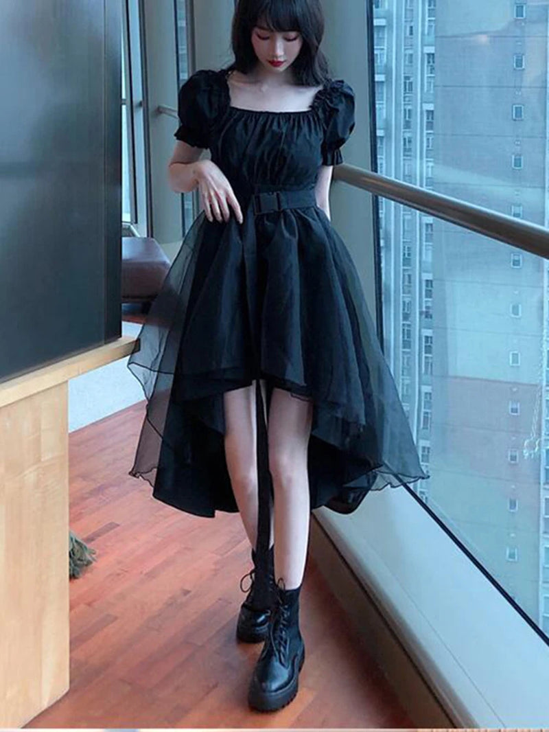 Y2K Harajuku Gothic dress by PressureDen.store featuring ruffles, mini length, and a kawaii fairycore style.