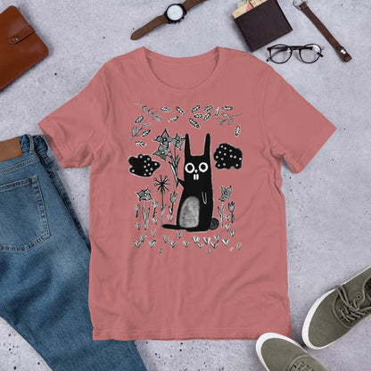 Whimsical garden rabbit T-shirt by PressureDen.store featuring a quirky gothic design, perfect for birthdays and housewarmings.