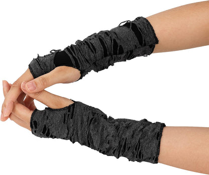 Womens Torn Ripped Gloves Short Cosplay Fingerless Gloves Mittens for Halloween Costumn Party