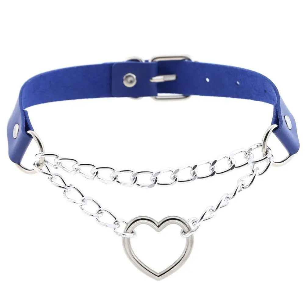 Black leather Gothic heart choker necklace with chain detail, perfect for punk and emo fashion styles.