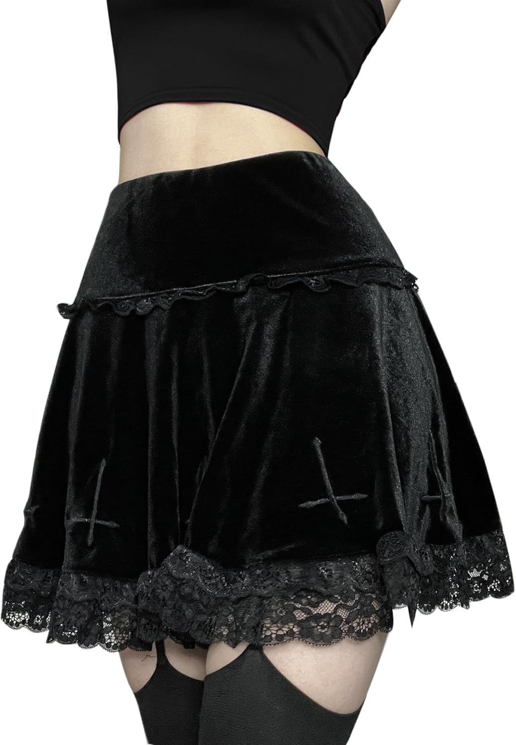 Gothic velvet mini skirt for women with high waist, punk grunge emo fashion style, featuring dark, textured fabric.