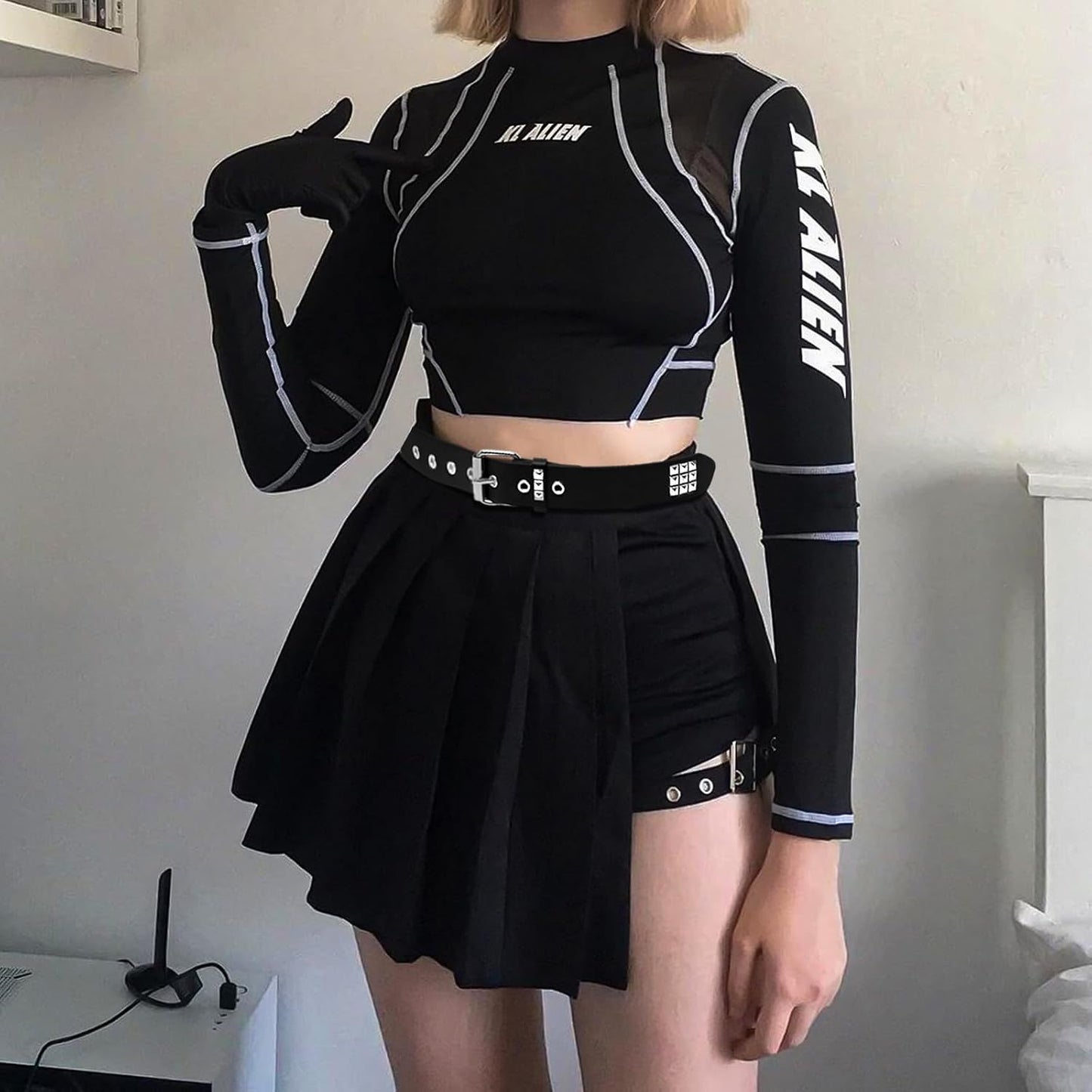 Black studded belt set with pyramid studs, Y2K punk rock style, featuring double grommets, for men and women by WQYILEAER.