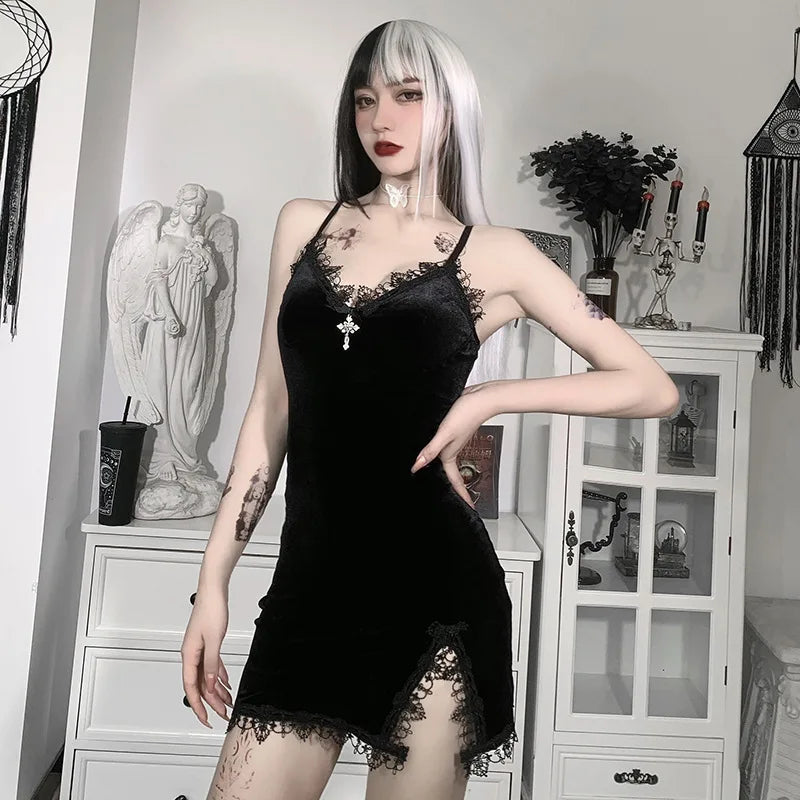 Black Gothic glam mini dress with high waist slit and spaghetti straps, featuring a dark cross design, perfect for a stylish night out.