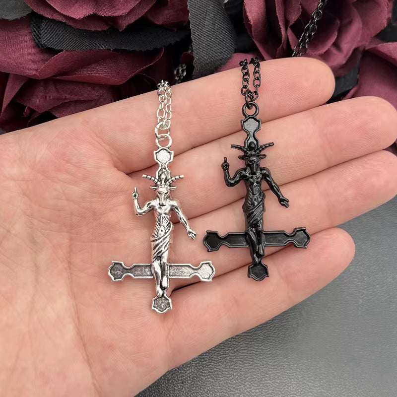 Edgy Baphomet inverted cross pendant necklace with Satanic design, bold jewelry piece showcasing dark, gothic style.