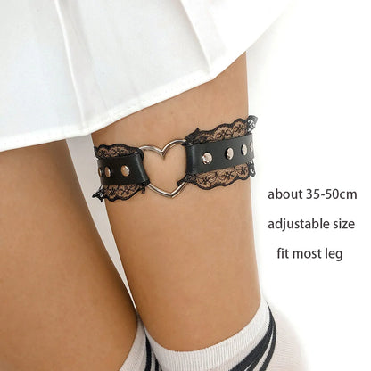 Sexy Leather Heart Belt Elastic Leg Thigh Garter Girl Women Harness Goth Accessories Black Gothic Rivet Punk Anklet