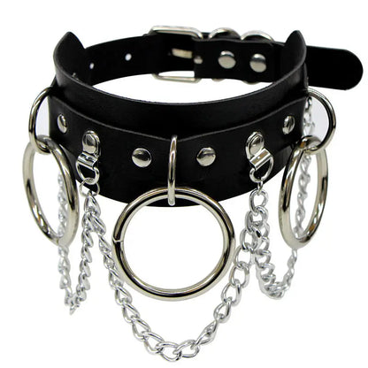 Black leather choker necklace with metal spikes, gothic punk jewelry, perfect for parties and festivals.