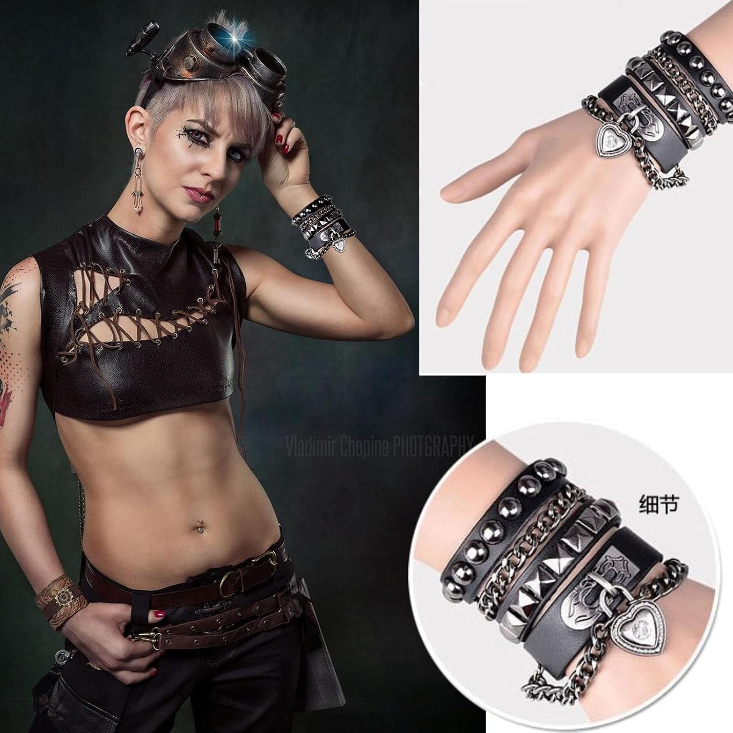 6 PCS Leather Bracelets for Men Women Punk Goth Rock Spiked 80S Stuff Cool Metal Studded Accessories Black Cuff Wristband for Party Cosplay Night Club Sexy Gift Halloween
