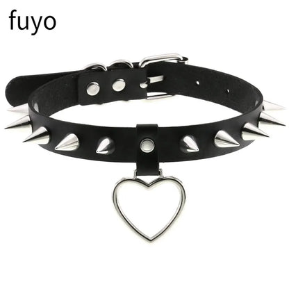 Black PU leather gothic choker necklace with heart pendant, punk style accessory for grunge and party fashion.