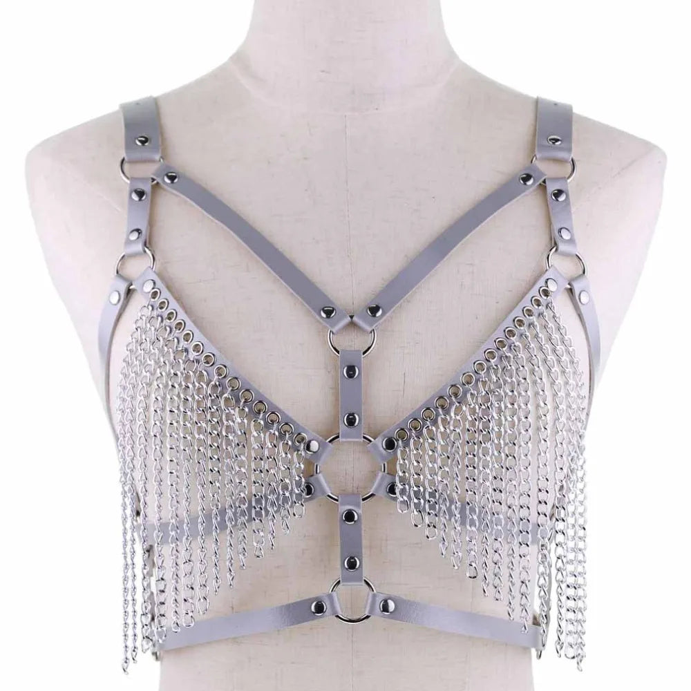 Leather Chain Harness Body Chain Bra Goth Punk Sexy Chain Top Women Body Jewelry Summer Festival Fashion Rave Outfit