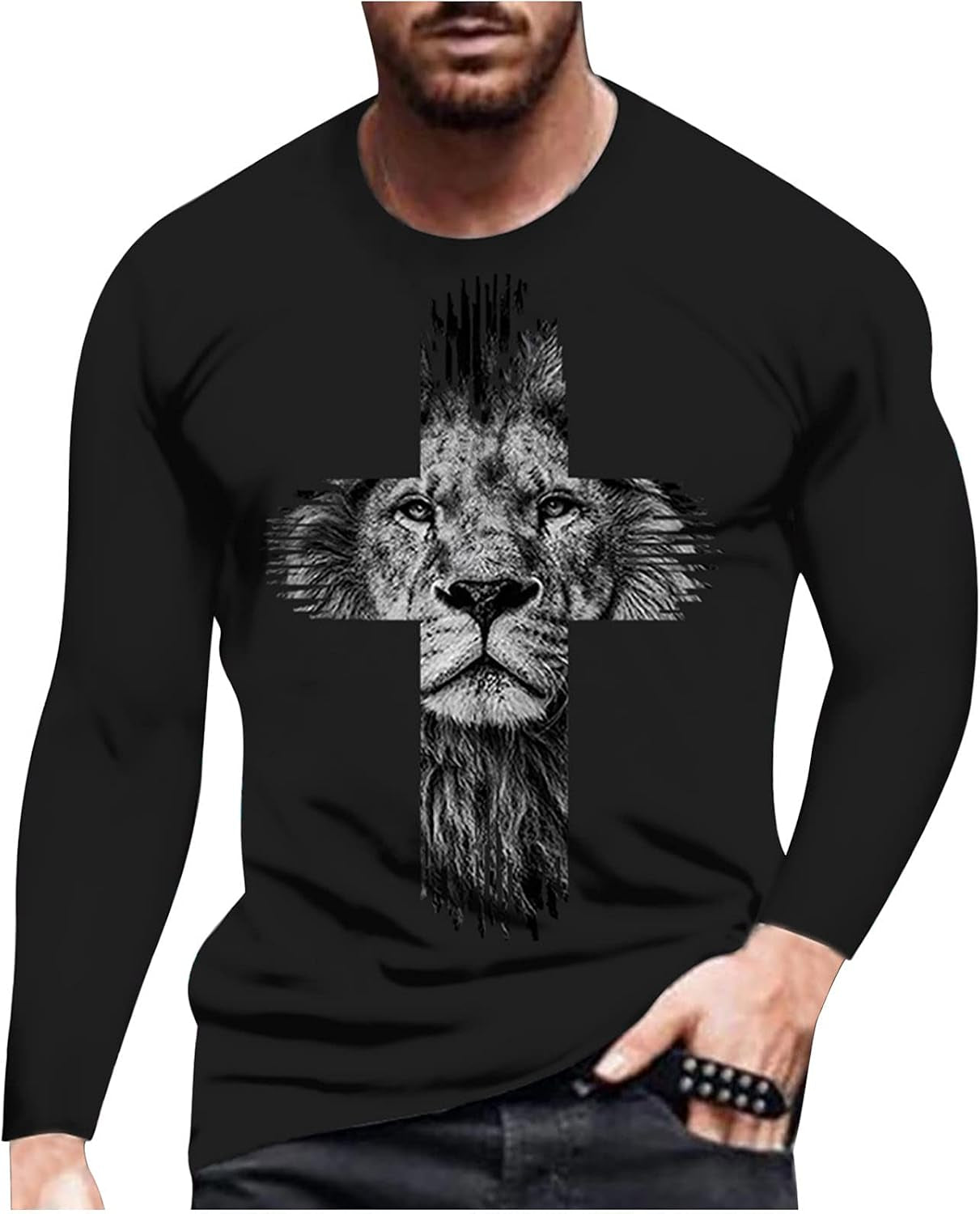 Black men's long sleeve graffiti print T-shirt with round neck, casual street fashion by PressureDen.store