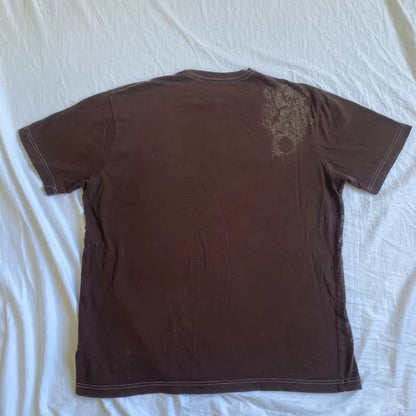 Retro Y2K graphic T-shirt by PressureDen.store featuring emo goth cyber grunge style in vintage brown, short sleeve, O-neck for men and women.
