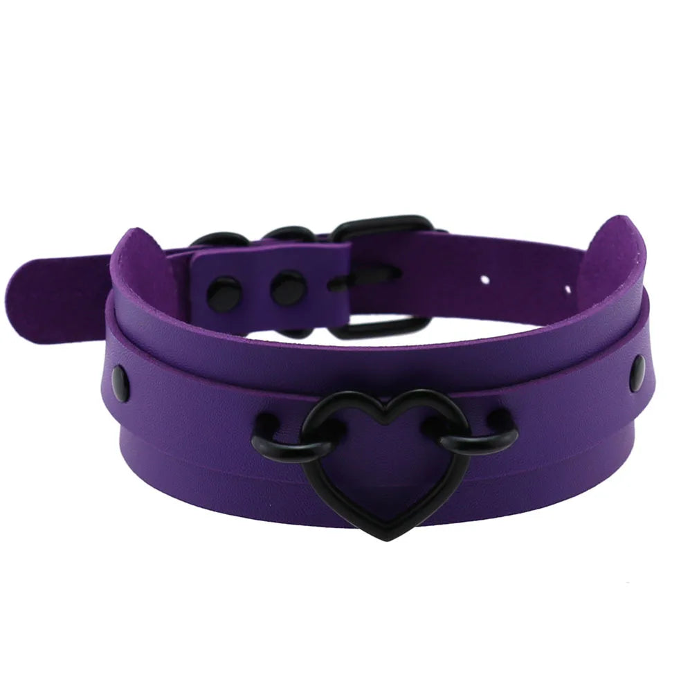 Purple goth punk leather choker necklace with black rivets and metal chain, unisex edgy emo Harajuku style accessory.