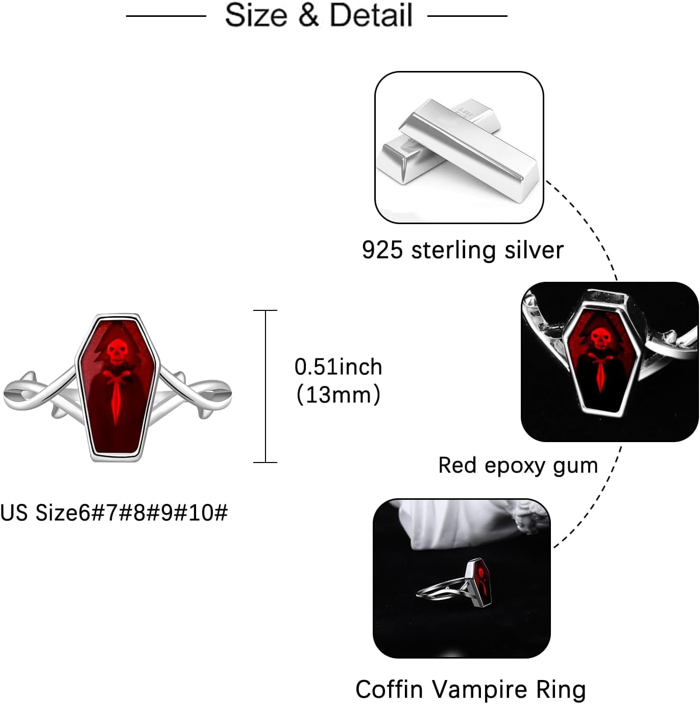 Goth Vampire Coffin Rings - 925 Sterling Silver Vintage Red Thorn Coffin Ring Charm Jewelry Gifts for Mens Women 6-10#