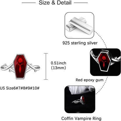 Goth Vampire Coffin Rings - 925 Sterling Silver Vintage Red Thorn Coffin Ring Charm Jewelry Gifts for Mens Women 6-10#