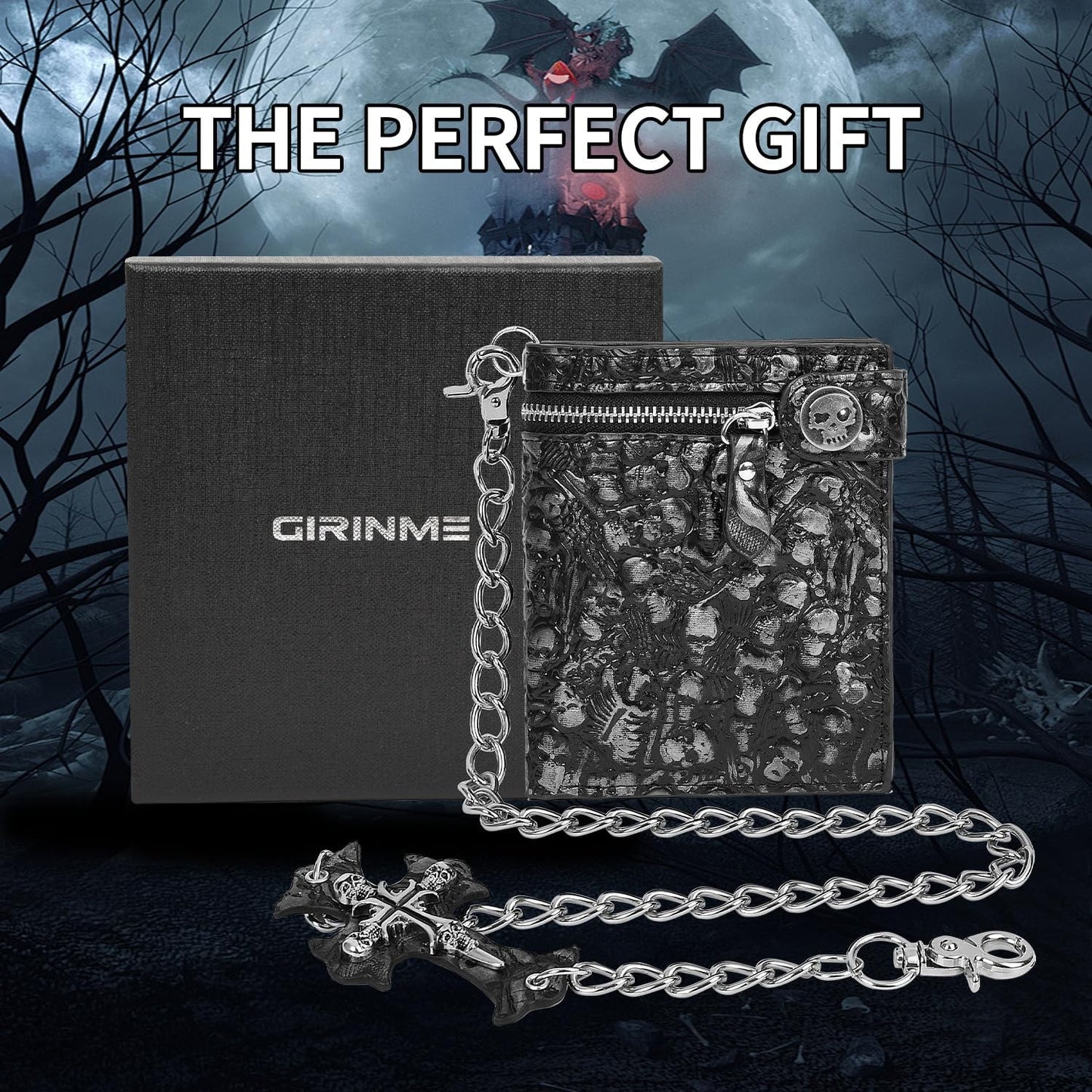 Unisex Gothic punk skull chain wallet by Girinme featuring silver faux leather, bifold design, perfect for Halloween and everyday wear.