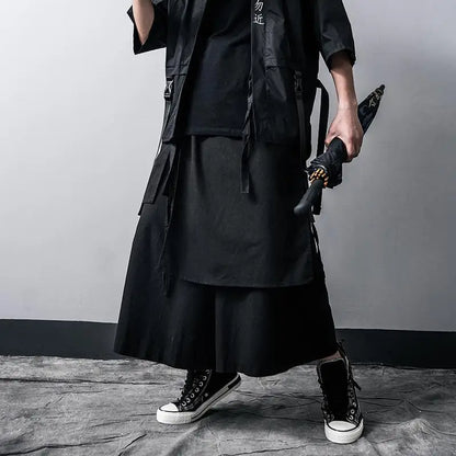 Men's black ARENS Techwear wide leg pants with a relaxed fit, perfect for summer streetwear, gothic, hip hop, and Japanese style fashion.