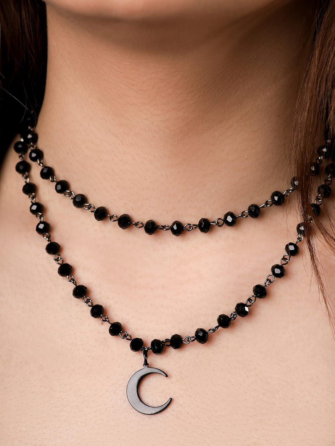 Black Gothic layered crescent moon choker necklace by Sacina, featuring a layered design, perfect for edgy fashion or Halloween style.