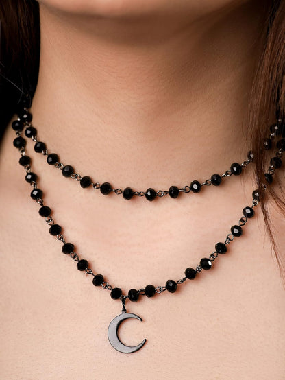 Black Gothic layered crescent moon choker necklace by Sacina, featuring a layered design, perfect for edgy fashion or Halloween style.