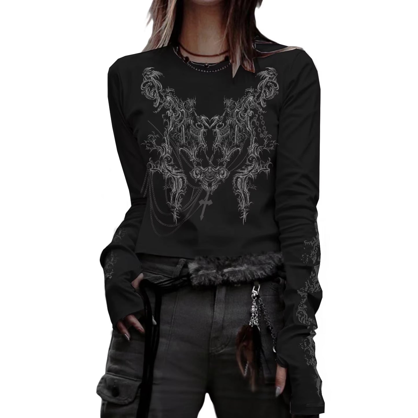 90s vintage E-girl emo graphic print long sleeve T-shirt for women, featuring Y2K grunge and goth punk streetwear style.