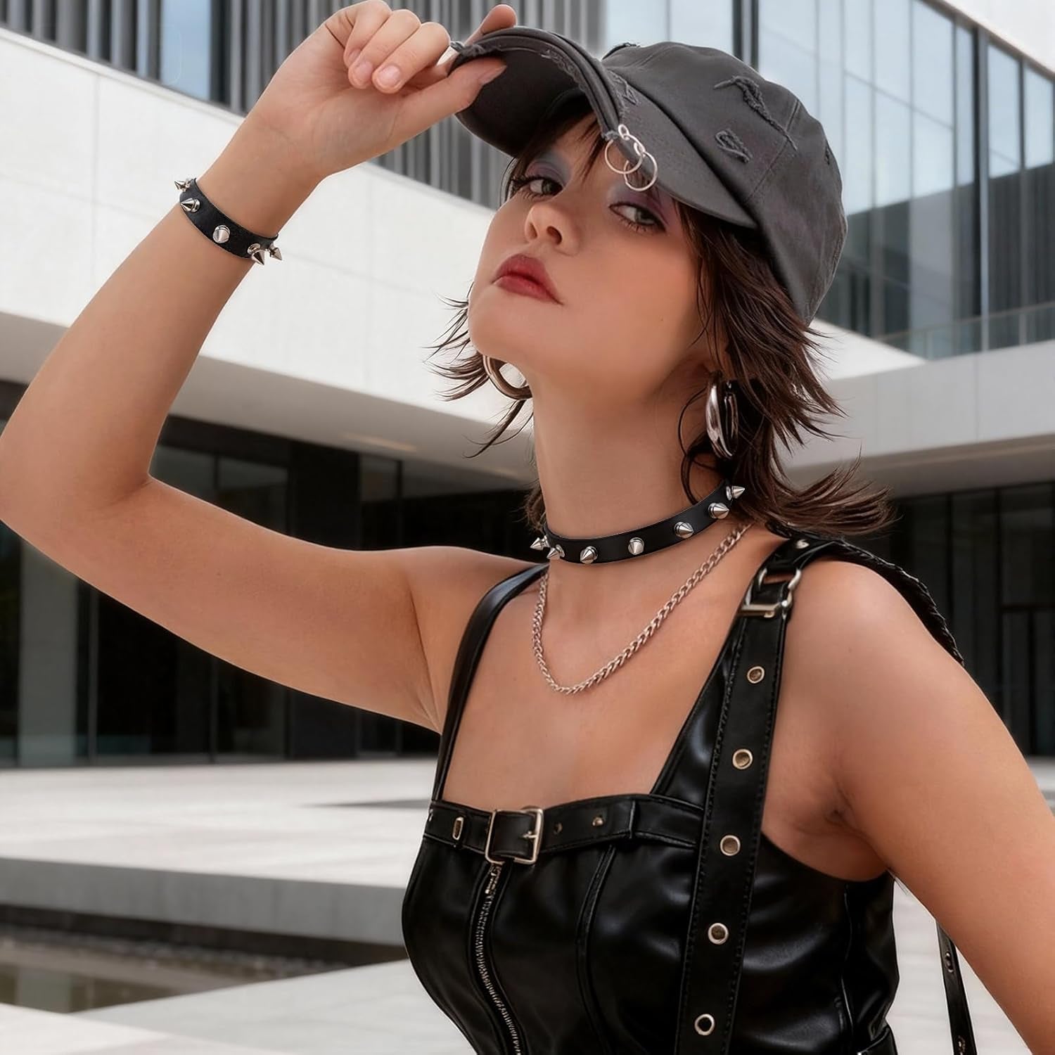 3 Pcs Spiked Choker, Leather Goth Studded Choker, Black Punk Bracelet, Vintage Spiked Collar Necklace Rock Punk Jewelry Gothic Accessories