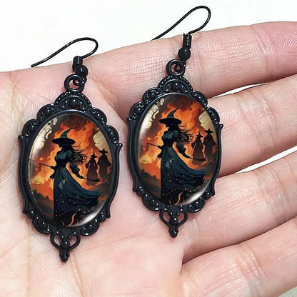 Vintage Gothic witch cameo dangle earrings with crystal glass accents, Victorian punk style jewelry for gothic fashion.