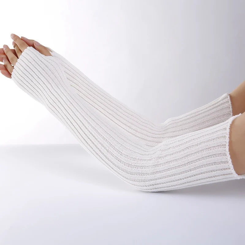 Chic long fingerless gloves for women, knitted winter warmer arm sleeves in soft gothic punk style, casual fashion accessory