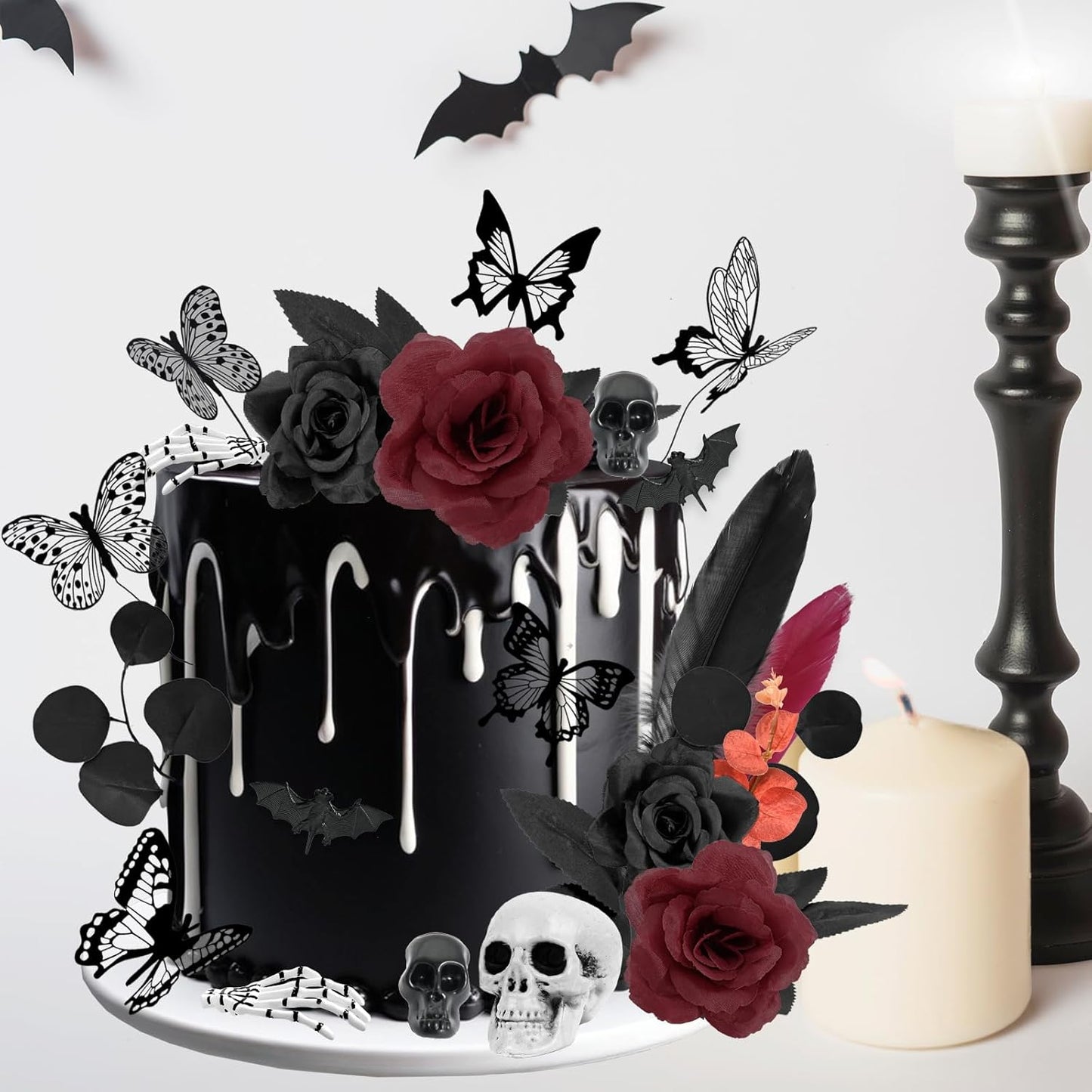 Gothic Cake Decorations - 26PCS Black Cake Toppers with Red Black Rose, Skull, Butterfly Cupcake Toppers for Goth Birthday, Wedding, Halloween