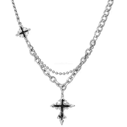 Silver Y2K grunge hip hop pendant necklace with cross chain for unisex style, featuring a bold metal back design.
