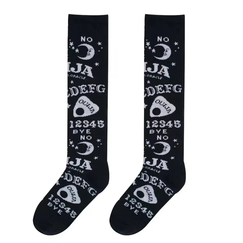 Gothic punk Harajuku knee socks with star and moon patterns, retro Y2K Ouija board design for women and girls.